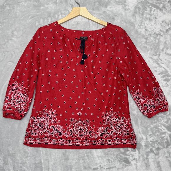 Talbots Tops - Talbots Shirt Womens Medium Petite Red Tassel Tie 3/4 Sleeve Paisley Border